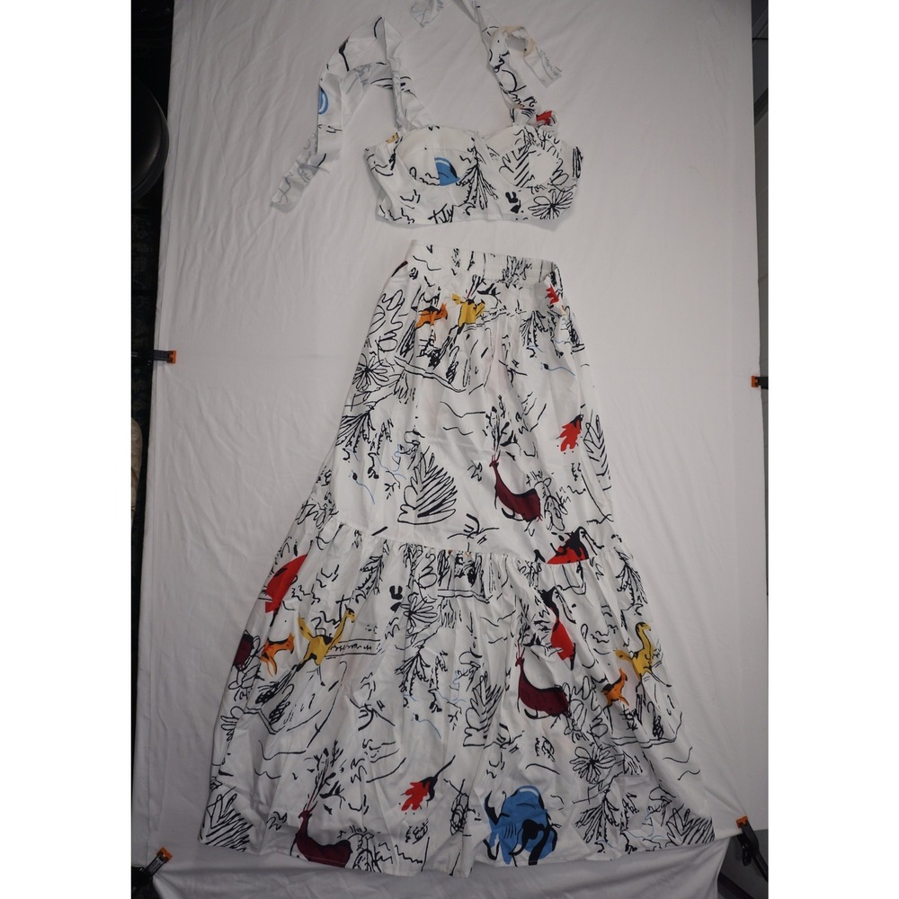 White Large Graphic Print Two Piece Crop Top and Maxi Skirt Set